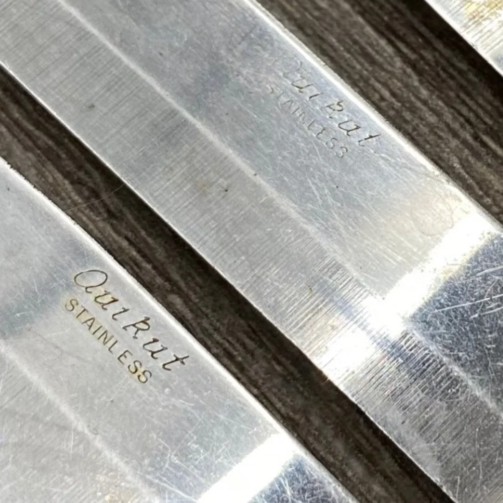 Vintage Quikut Stainless Flatware 7pc Set Marbled Cream Handles MCM USA‎